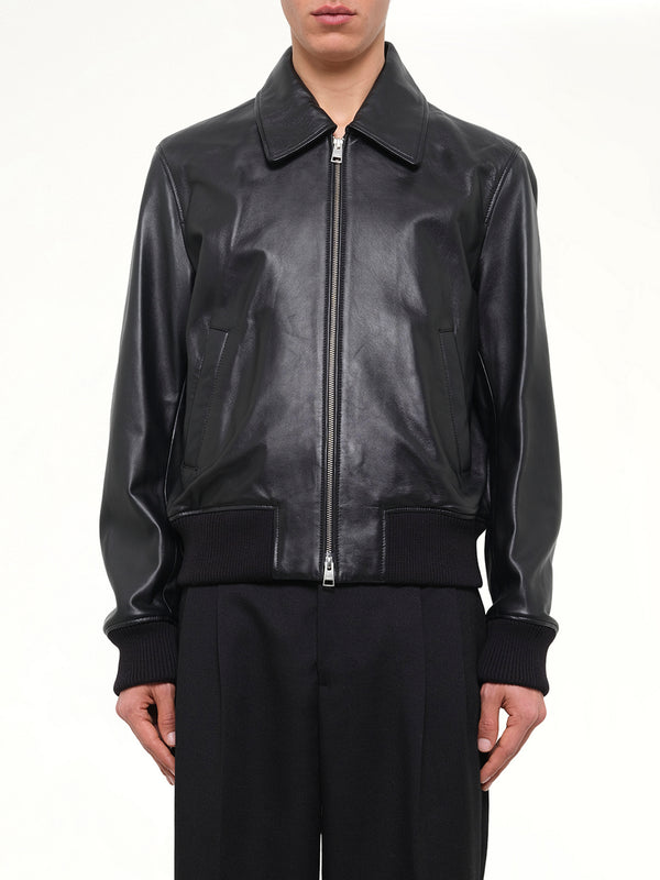 Lamb Leather Zipped Jacket in Black