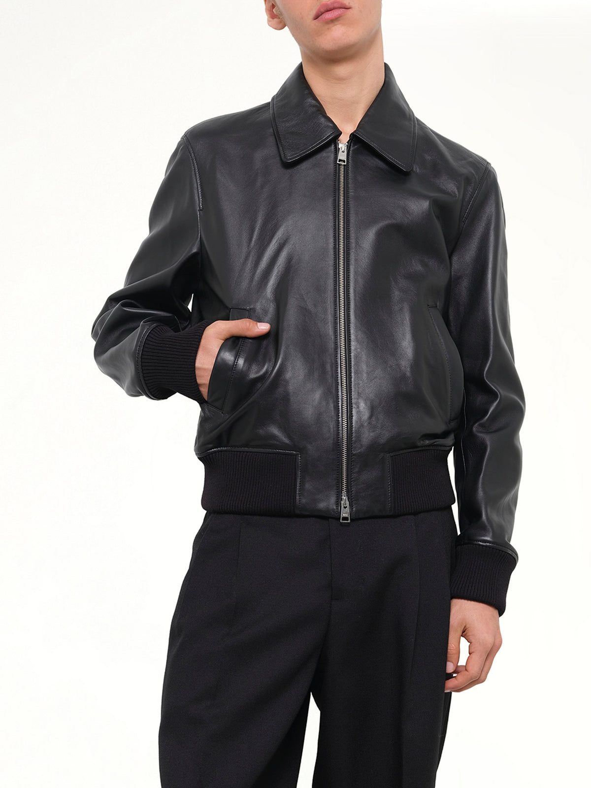 Lamb Leather Zipped Jacket in Black