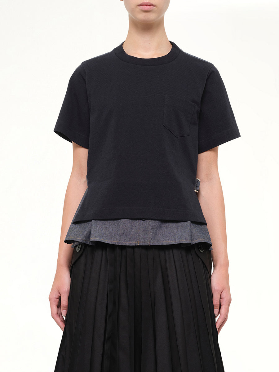 Light Weight Denim x Cotton Jersey T-Shirt in Navy/Blue