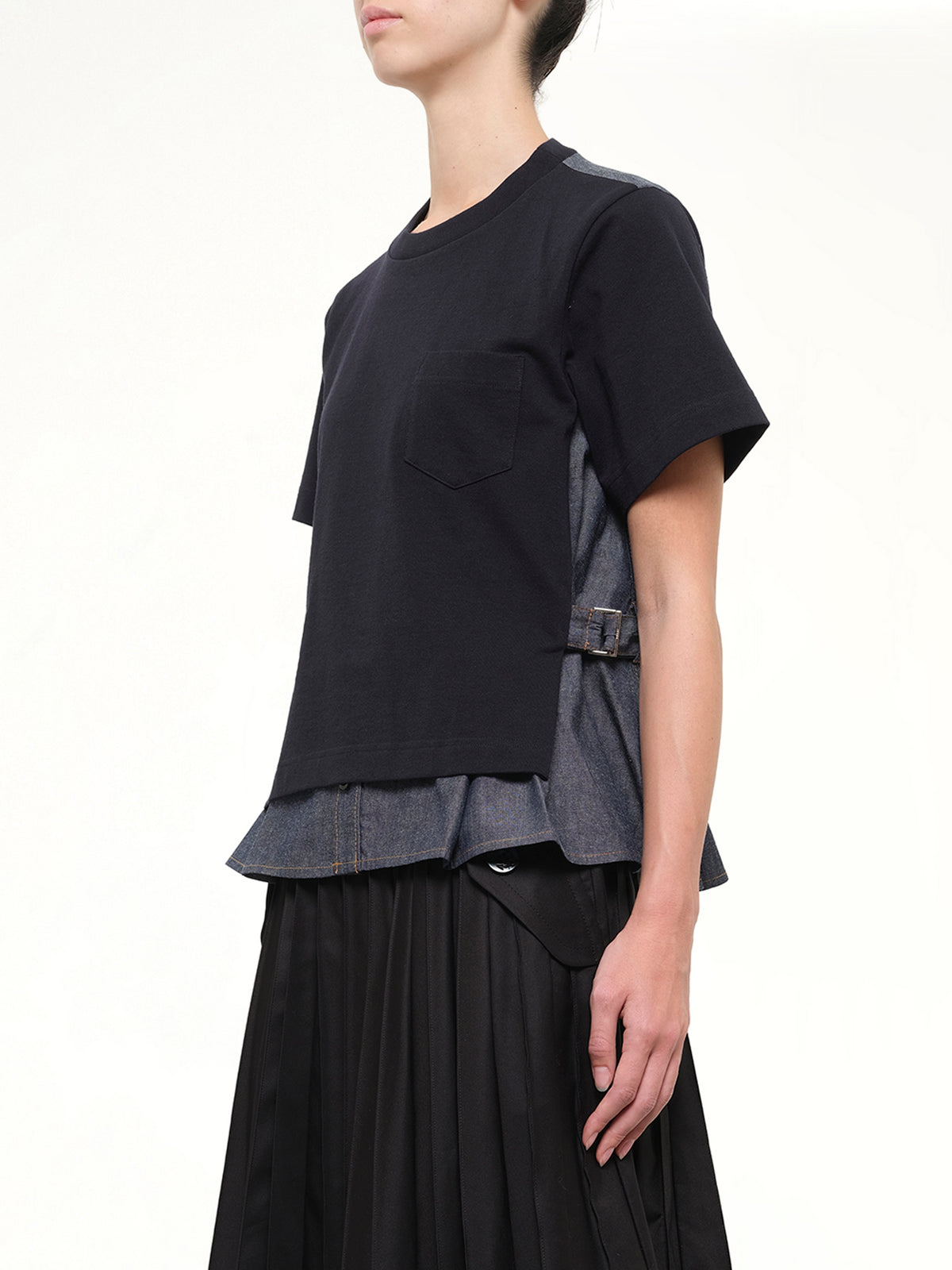 Light Weight Denim x Cotton Jersey T-Shirt in Navy/Blue