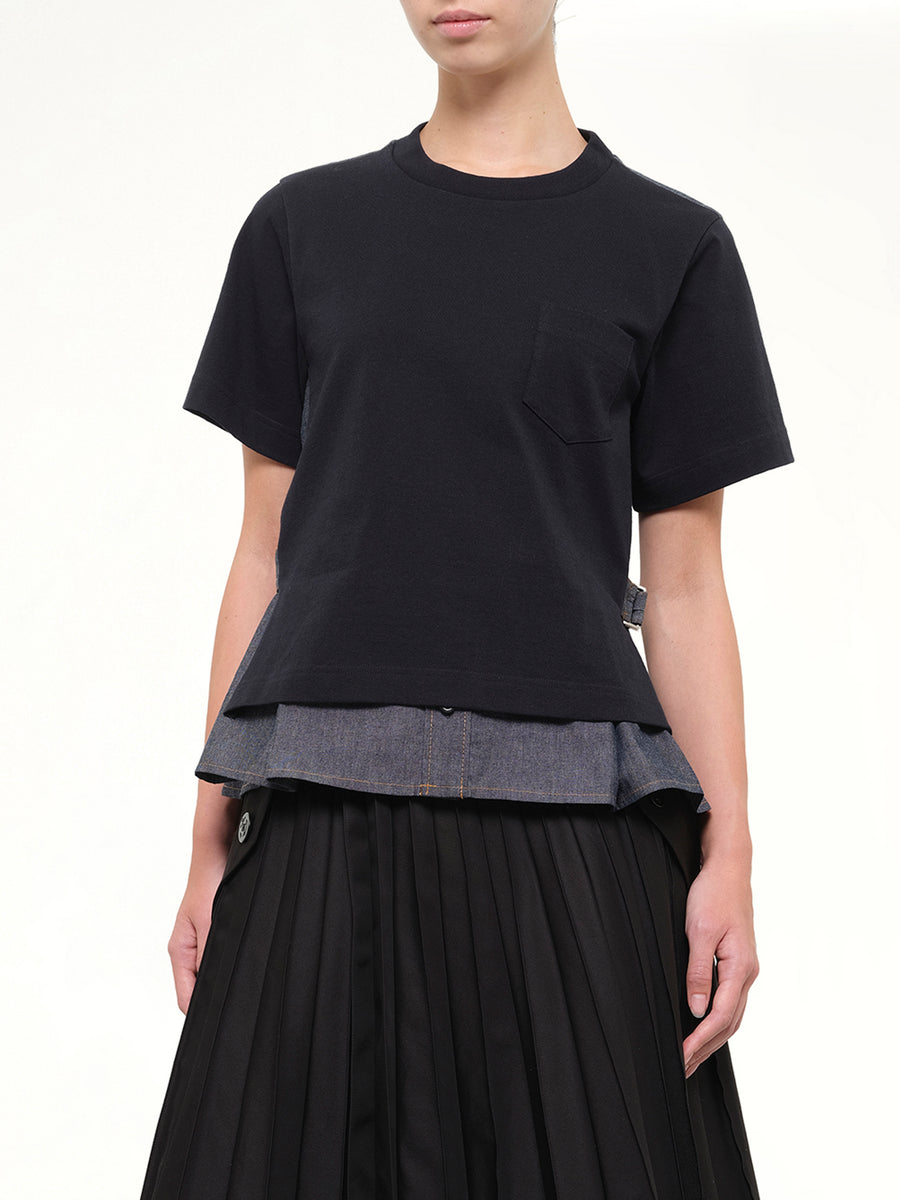 Light Weight Denim x Cotton Jersey T-Shirt in Navy/Blue