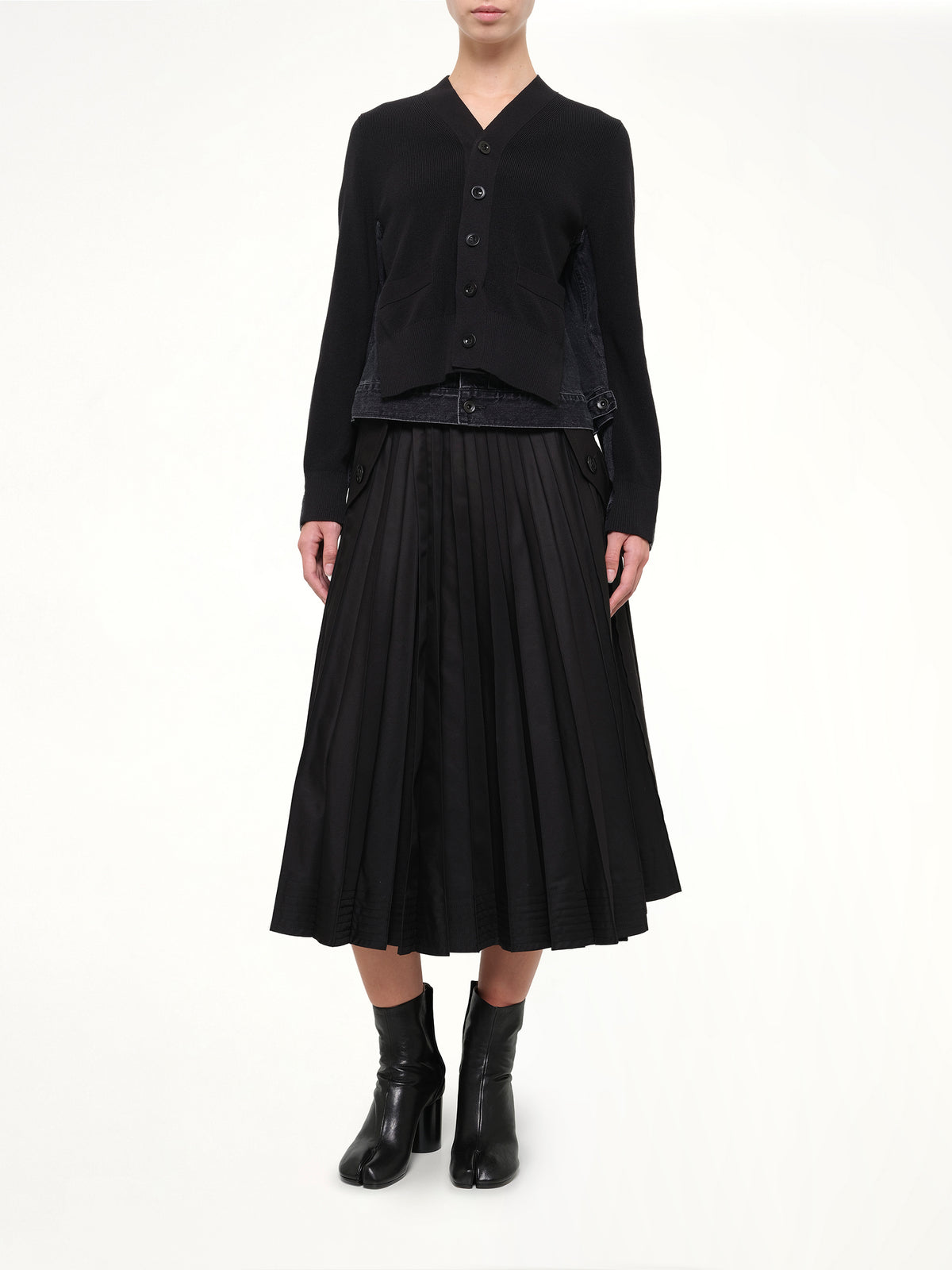 Long Sleeve Denim x Knit Cardigan in Black