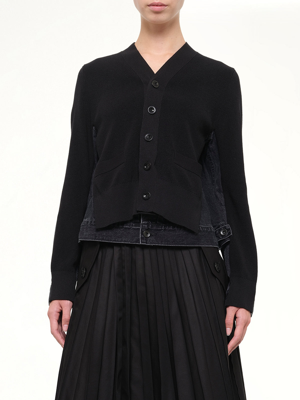 Long Sleeve Denim x Knit Cardigan in Black