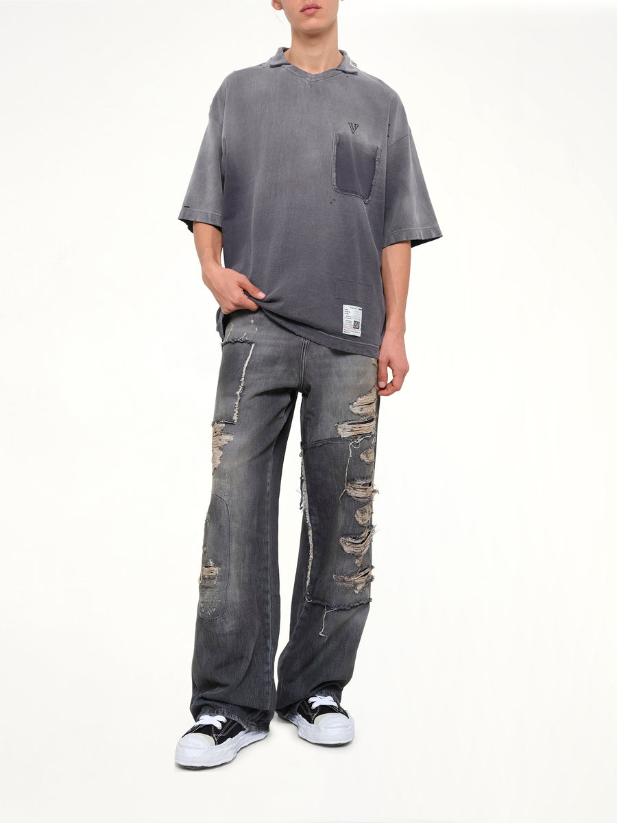 Sun Faded Collared T-Shirt in Black