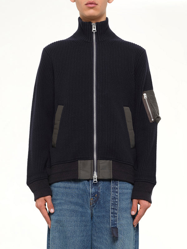Wool Knit Blouson in Navy/Dark Khaki