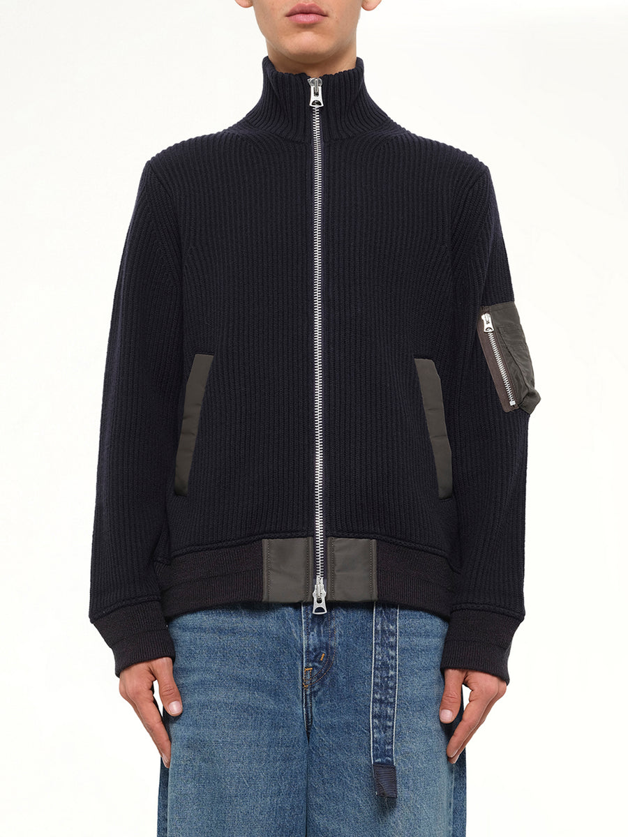 Wool Knit Blouson in Navy/Dark Khaki