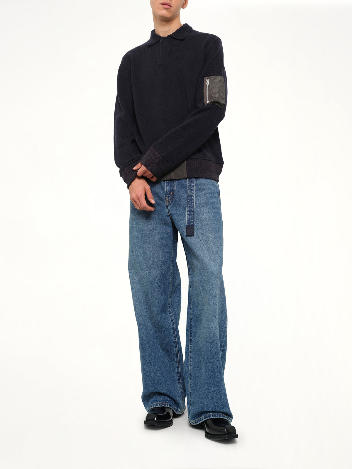 Wool Knit Polo Shirt in Navy/Dark Khaki