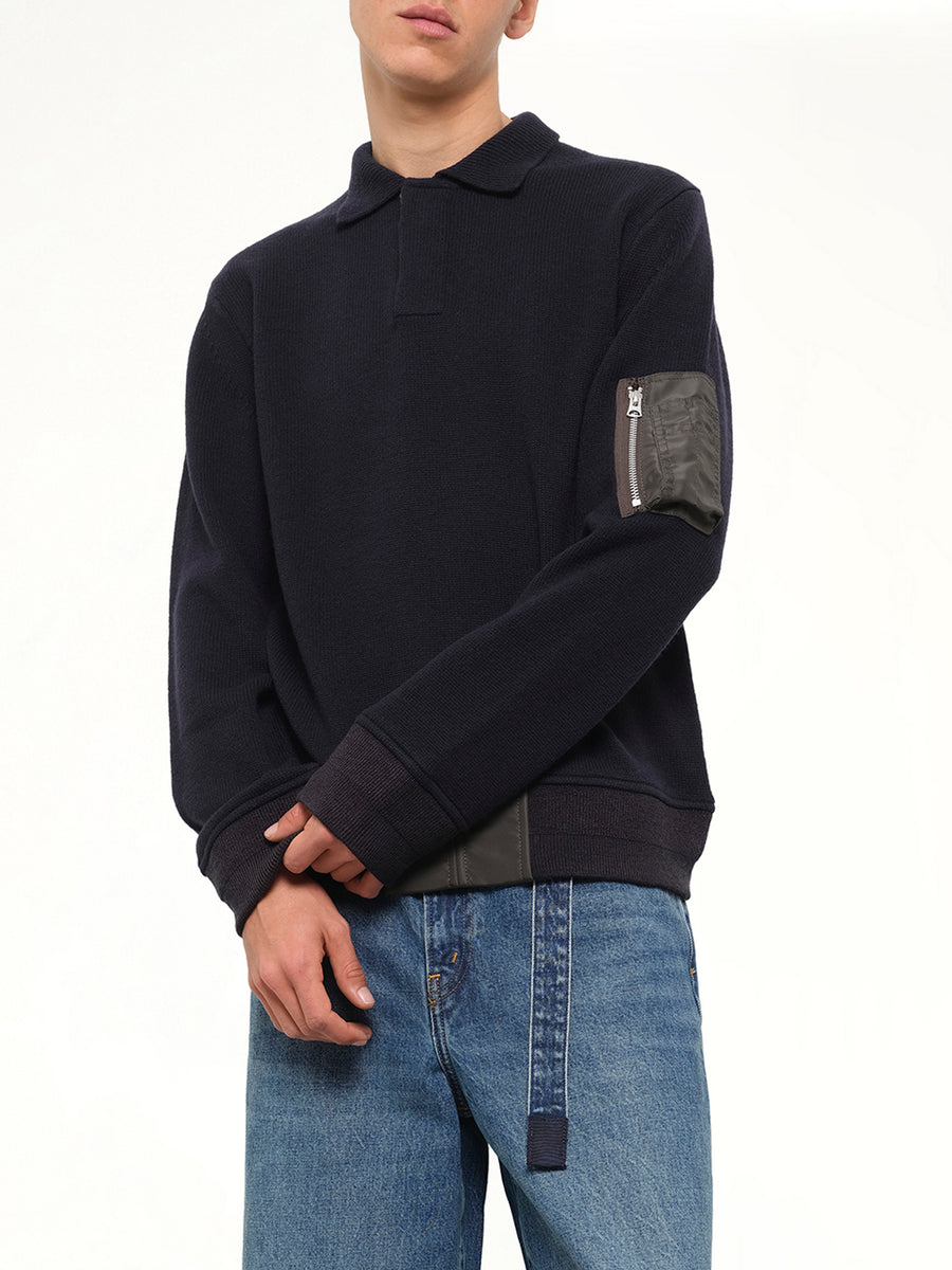 Wool Knit Polo Shirt in Navy/Dark Khaki