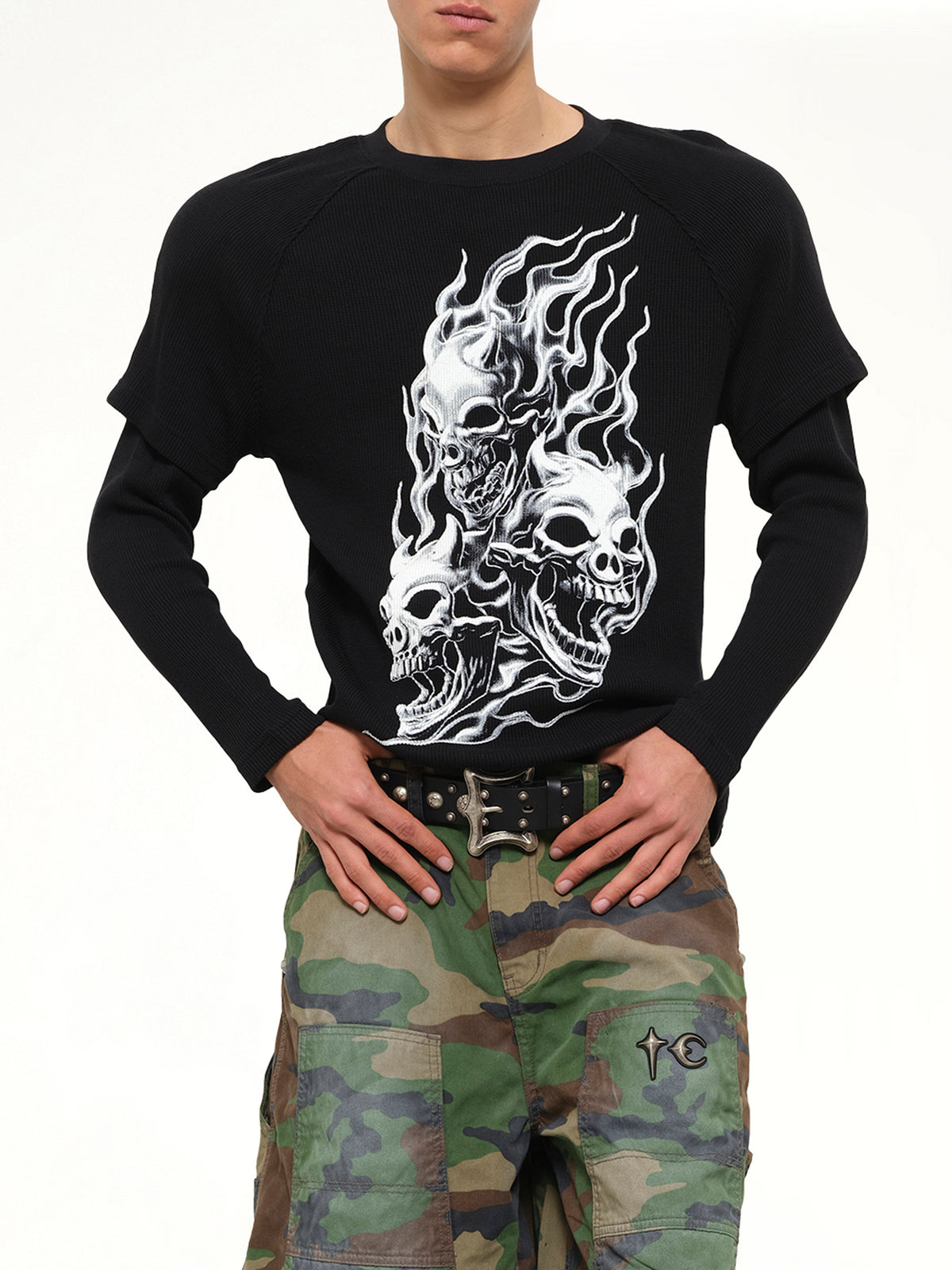 Bulk Shoulder Three Riding Skull Layered T-Shirt in Black