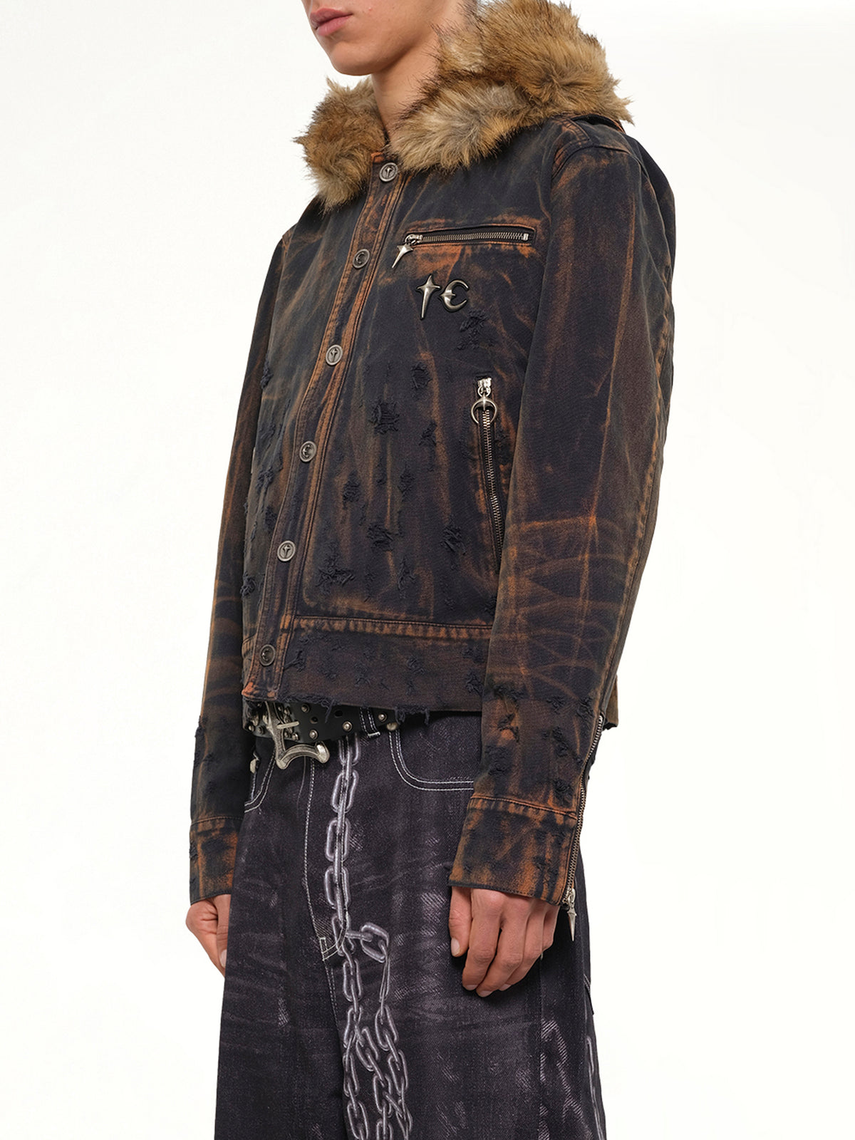 TC Two Tone Washed Fur Hooded Jacket in Rust Black