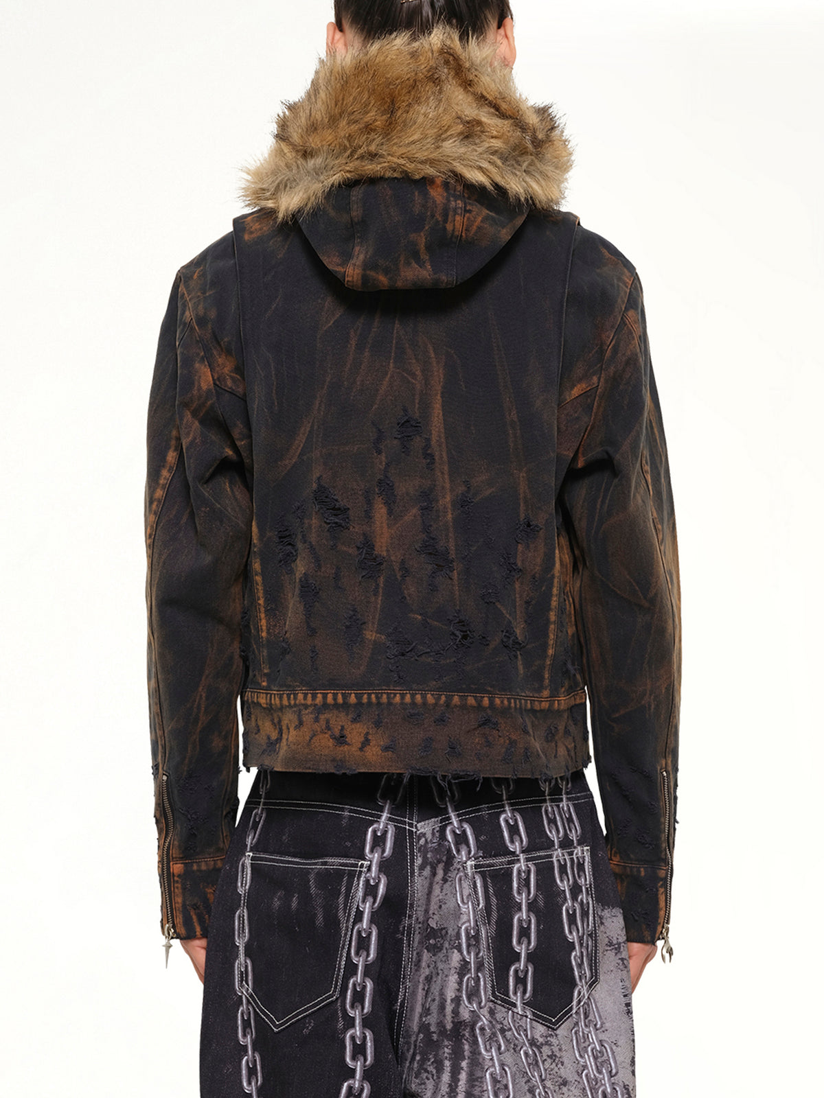 TC Two Tone Washed Fur Hooded Jacket in Rust Black