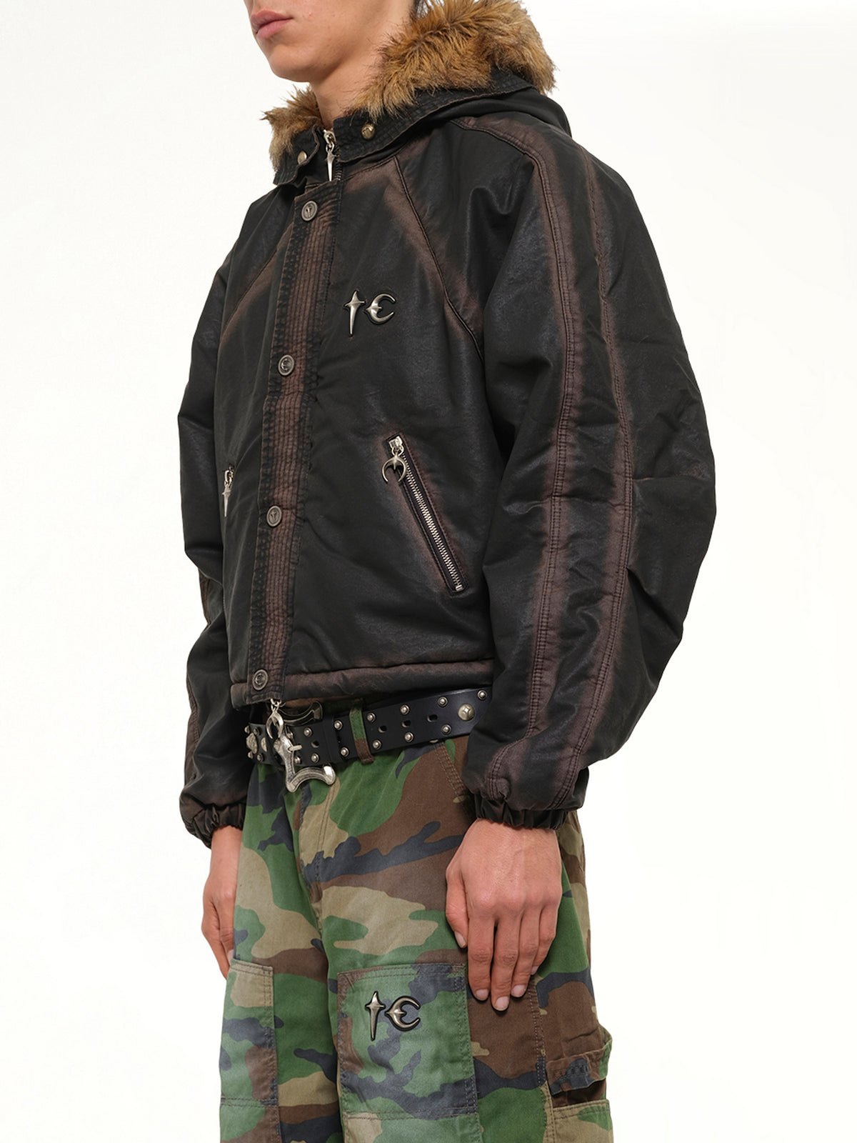 Three Riding Skull Fur Hooded Jacket in Black