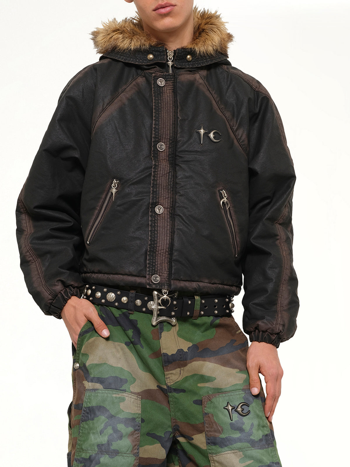 Three Riding Skull Fur Hooded Jacket in Black