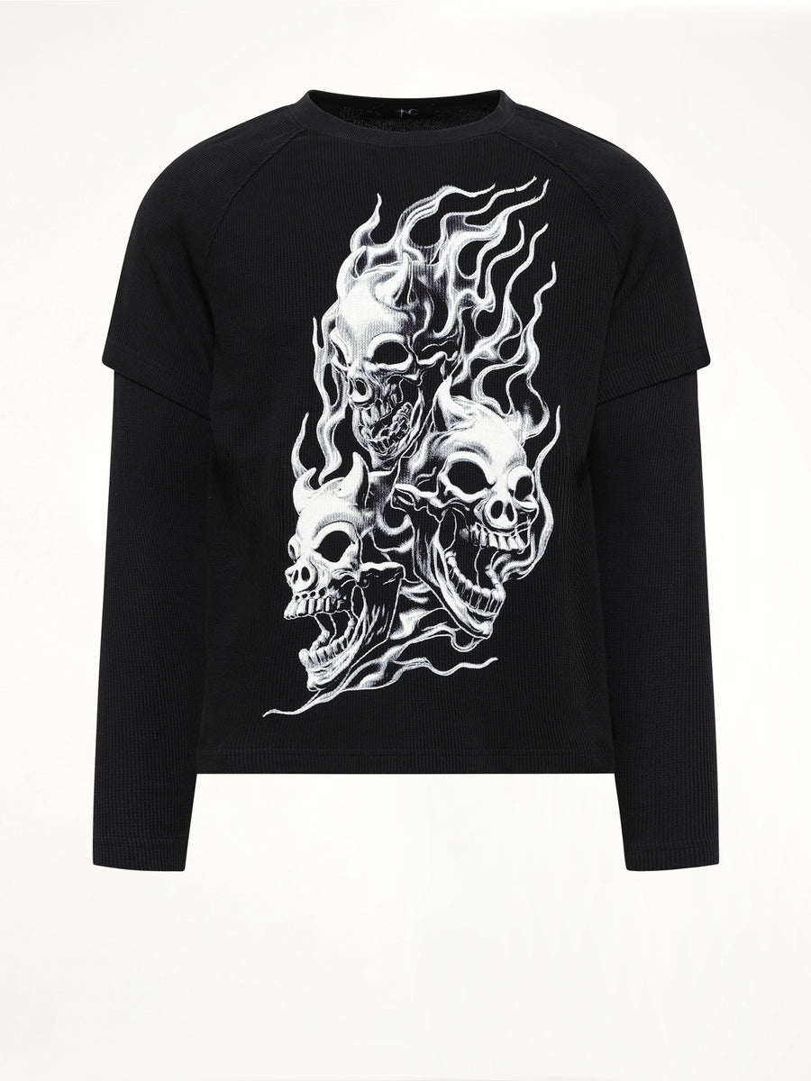 Bulk Shoulder Three Riding Skull Layered T-Shirt in Black