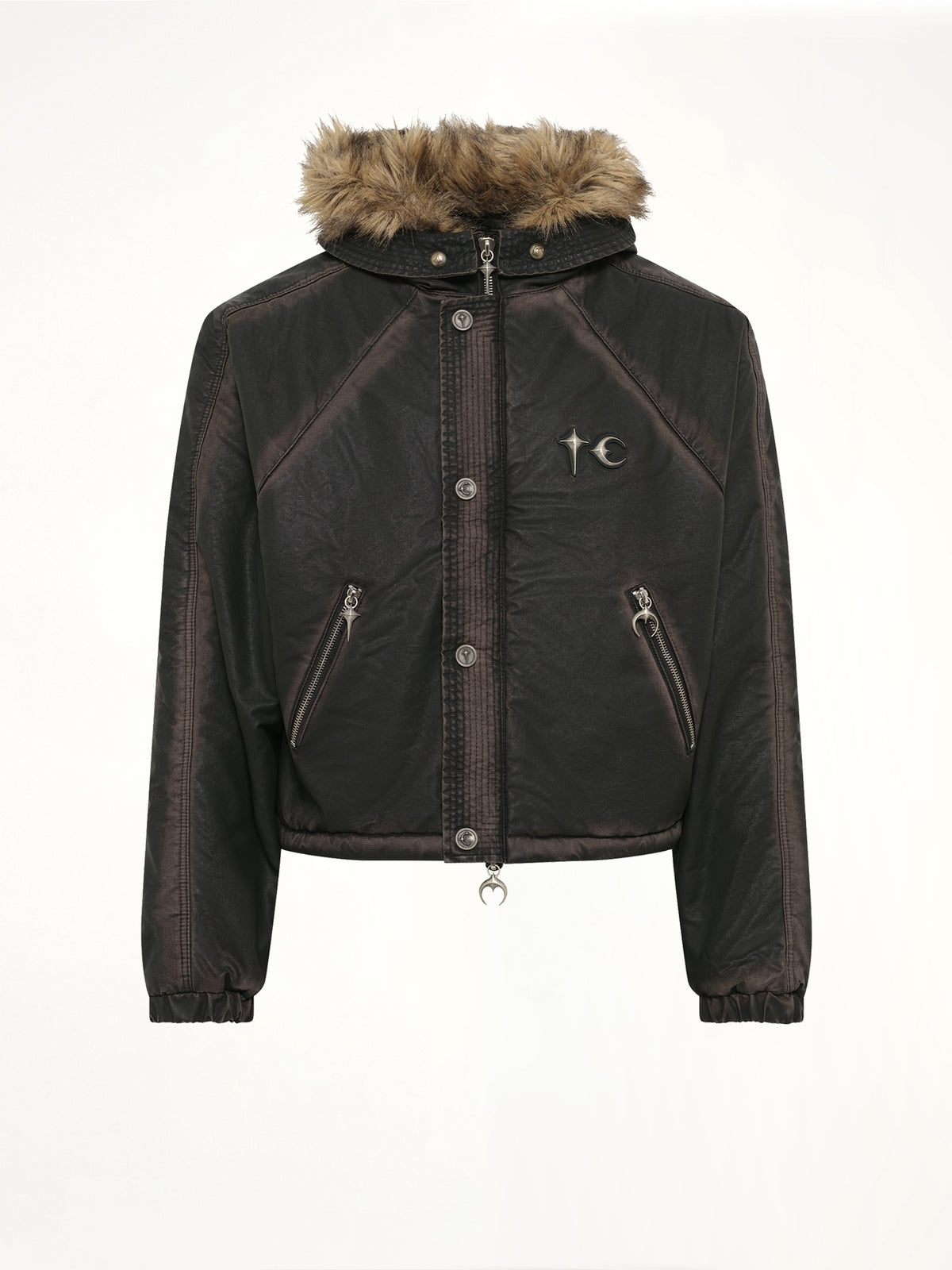 Three Riding Skull Fur Hooded Jacket in Black