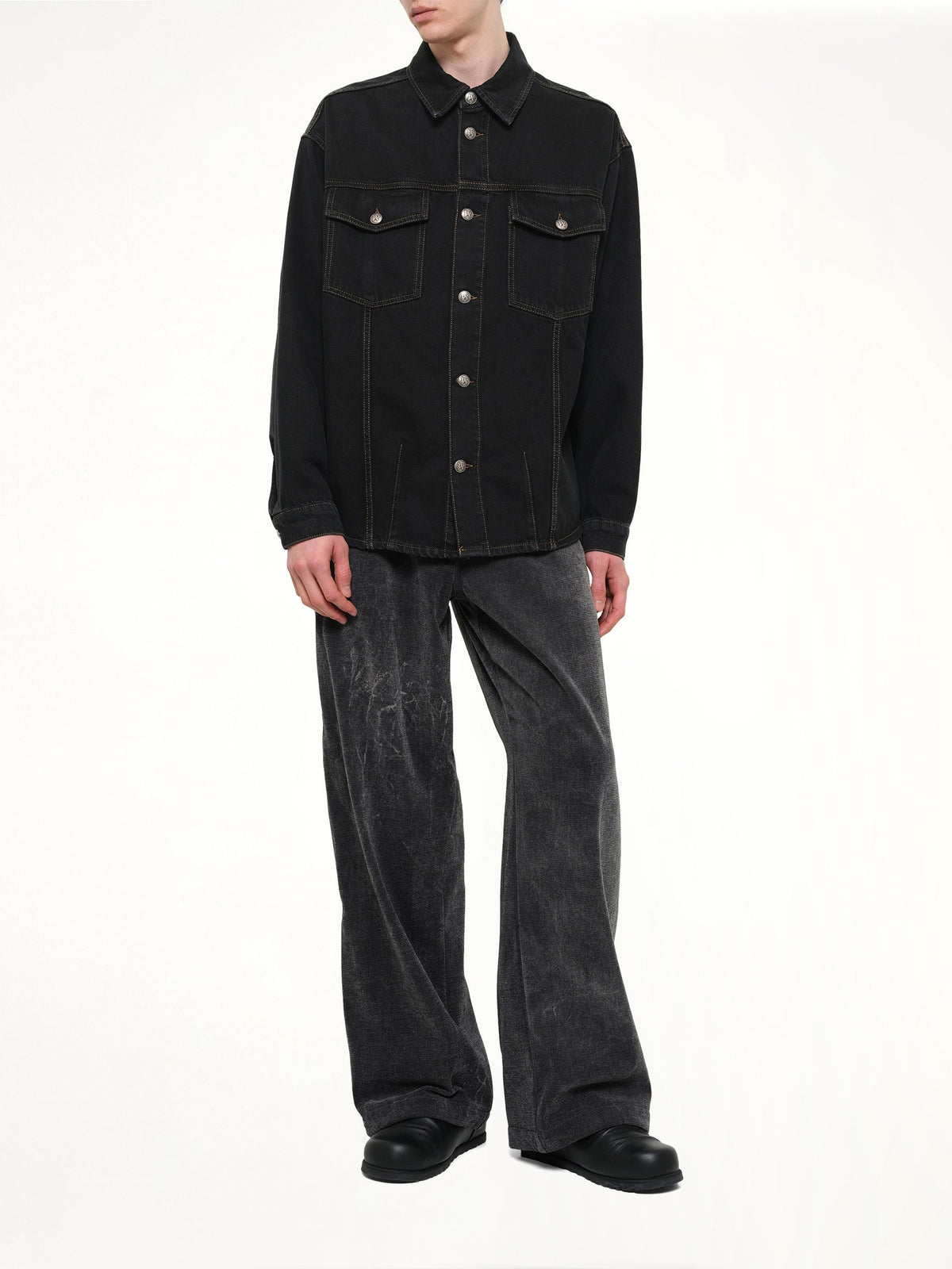 Classic Logo Faded Denim Shirt in Black/Off White