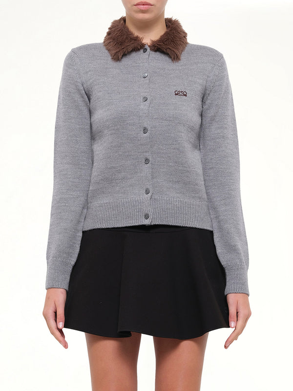 Fur Collar Cardigan in Grey