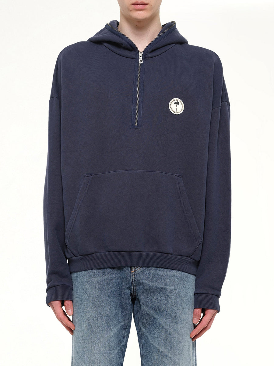Palm Deco Loose Hoodie in Navy Blue/Off White