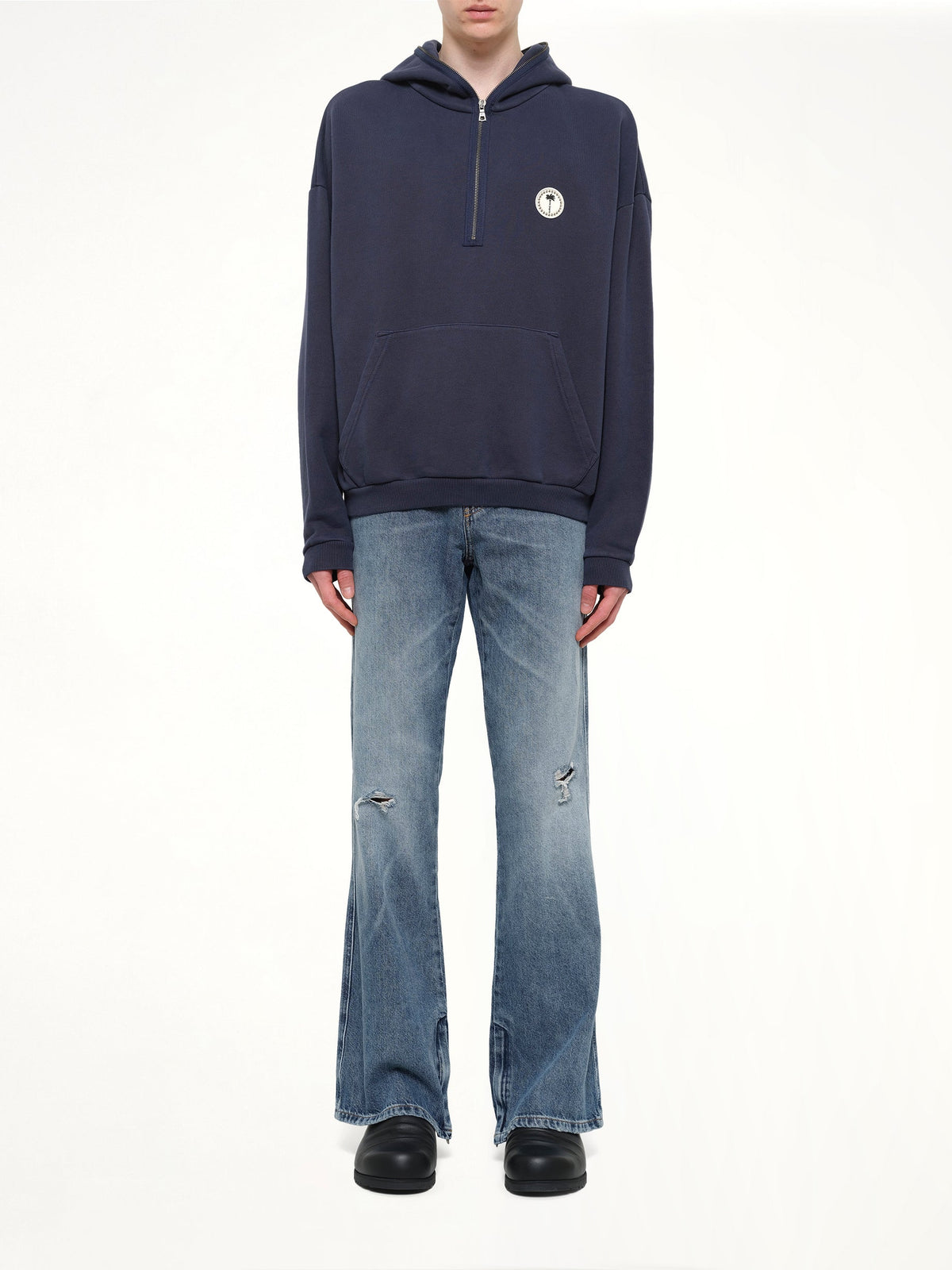 Palm Deco Loose Hoodie in Navy Blue/Off White