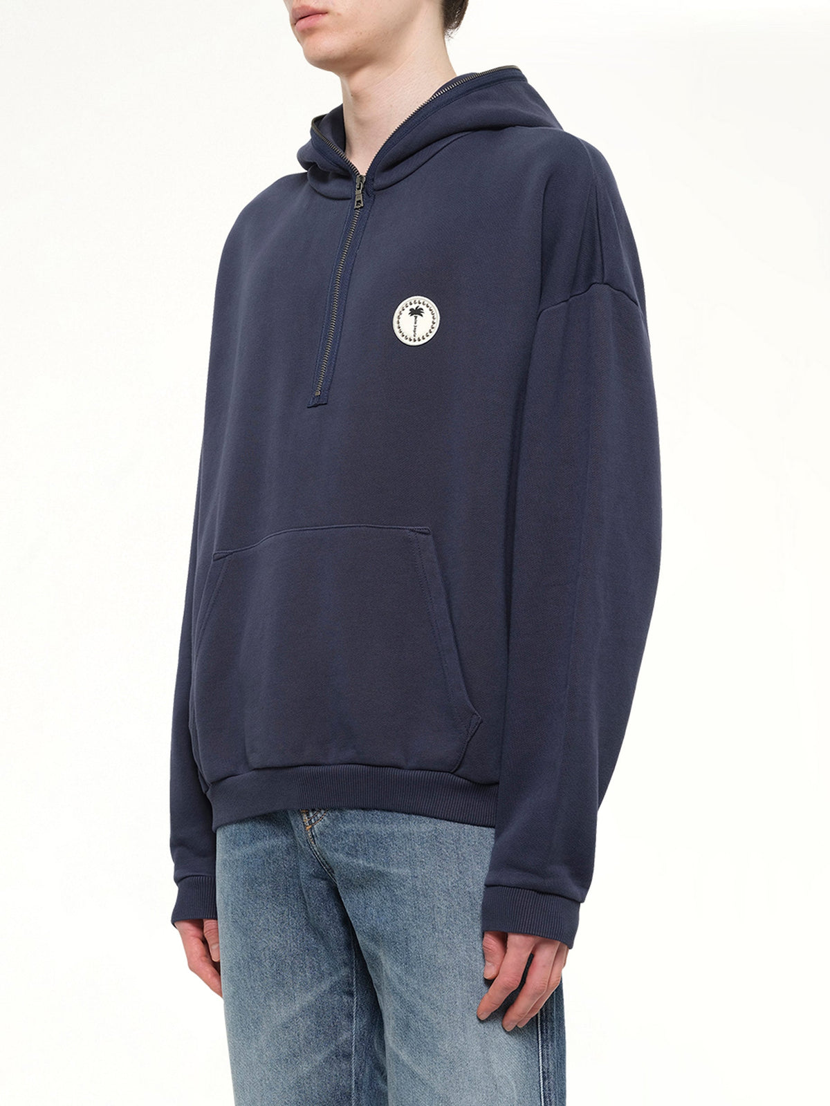 Palm Deco Loose Hoodie in Navy Blue/Off White