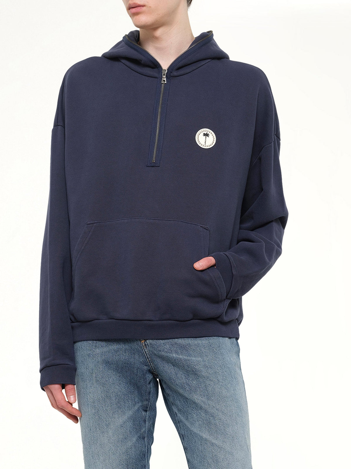 Palm Deco Loose Hoodie in Navy Blue/Off White