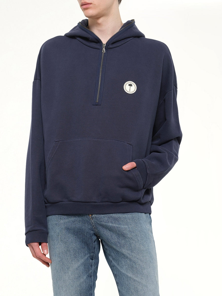 Palm Deco Loose Hoodie in Navy Blue/Off White