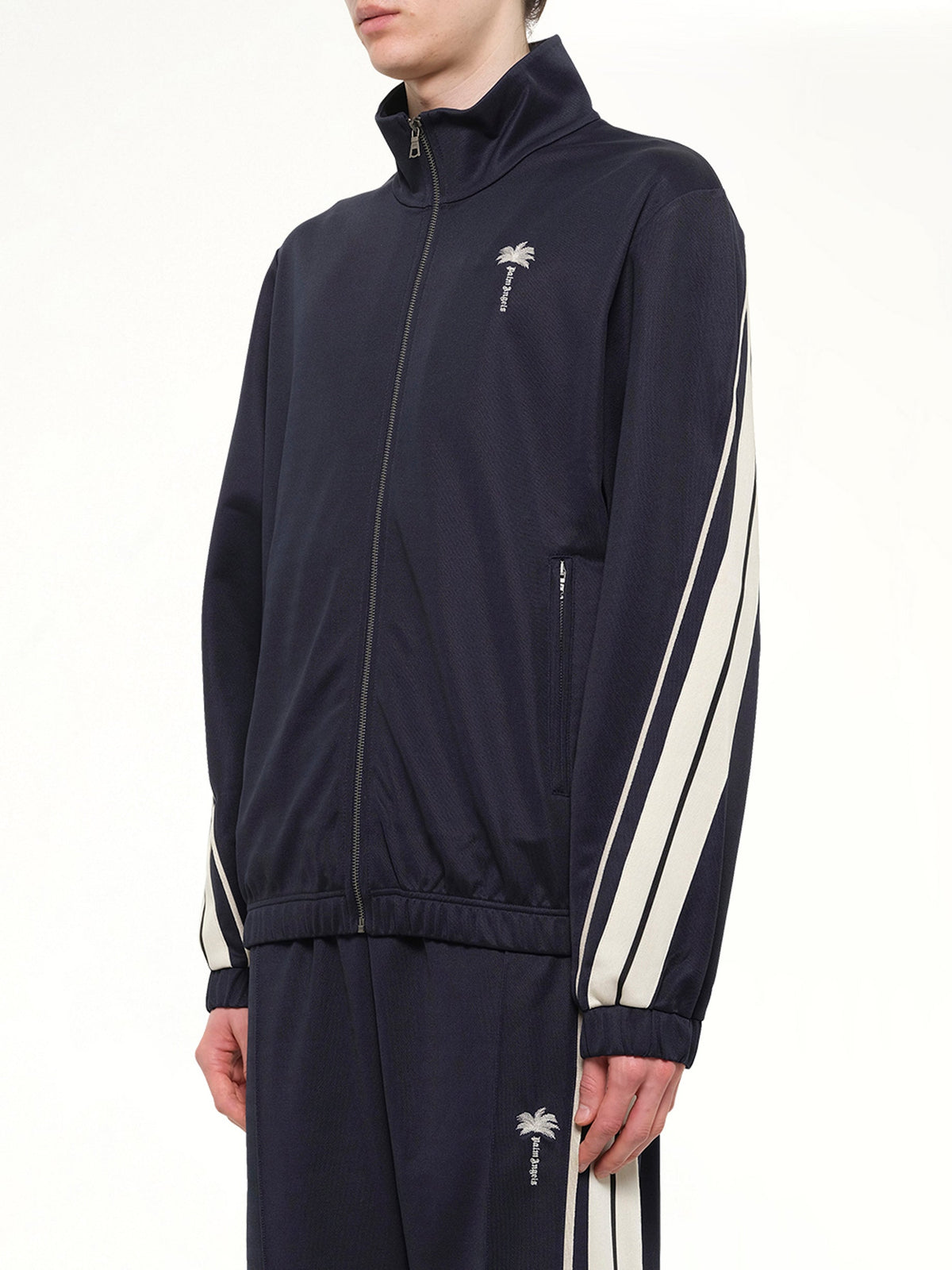 Palm Tree Striped Track Jacket in Navy Blue/Off White