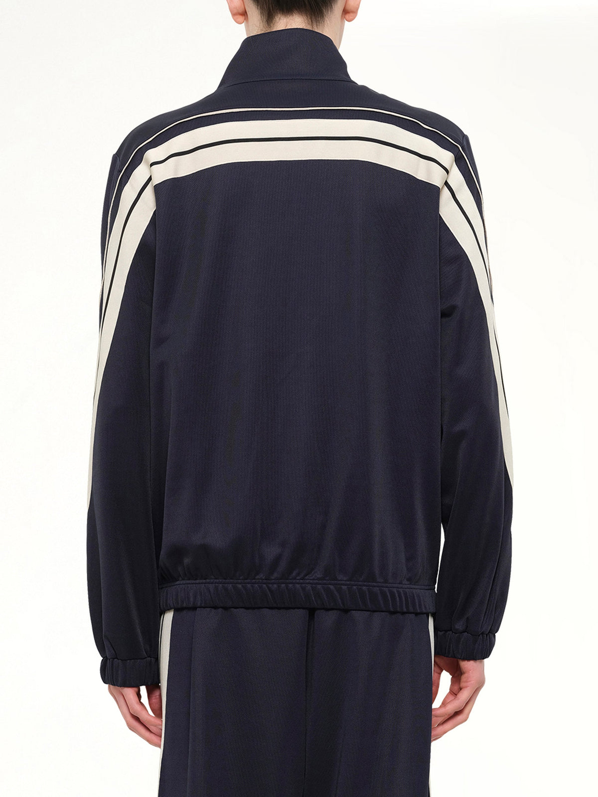 Palm Tree Striped Track Jacket in Navy Blue/Off White