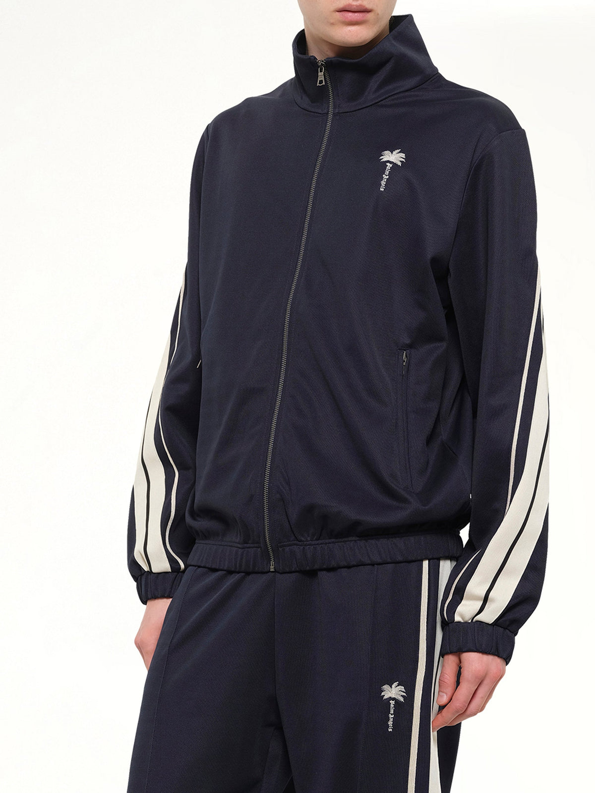 Palm Tree Striped Track Jacket in Navy Blue/Off White