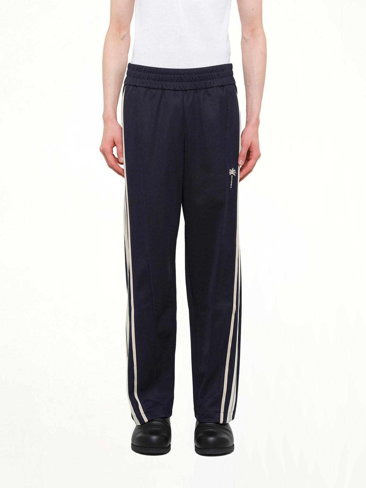 Palm Tree Striped Track Pants in Navy Blue/Off White