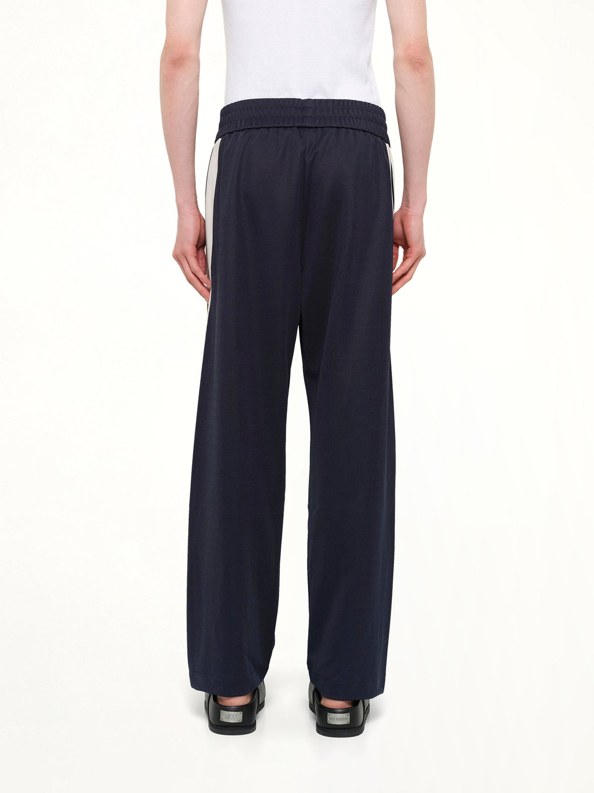 Palm Tree Striped Track Pants in Navy Blue/Off White