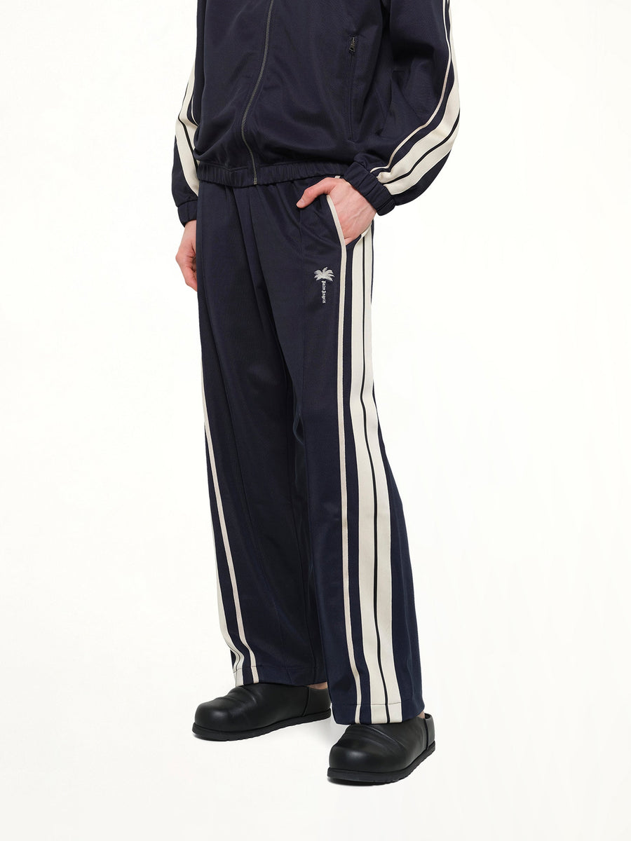 Palm Tree Striped Track Pants in Navy Blue/Off White