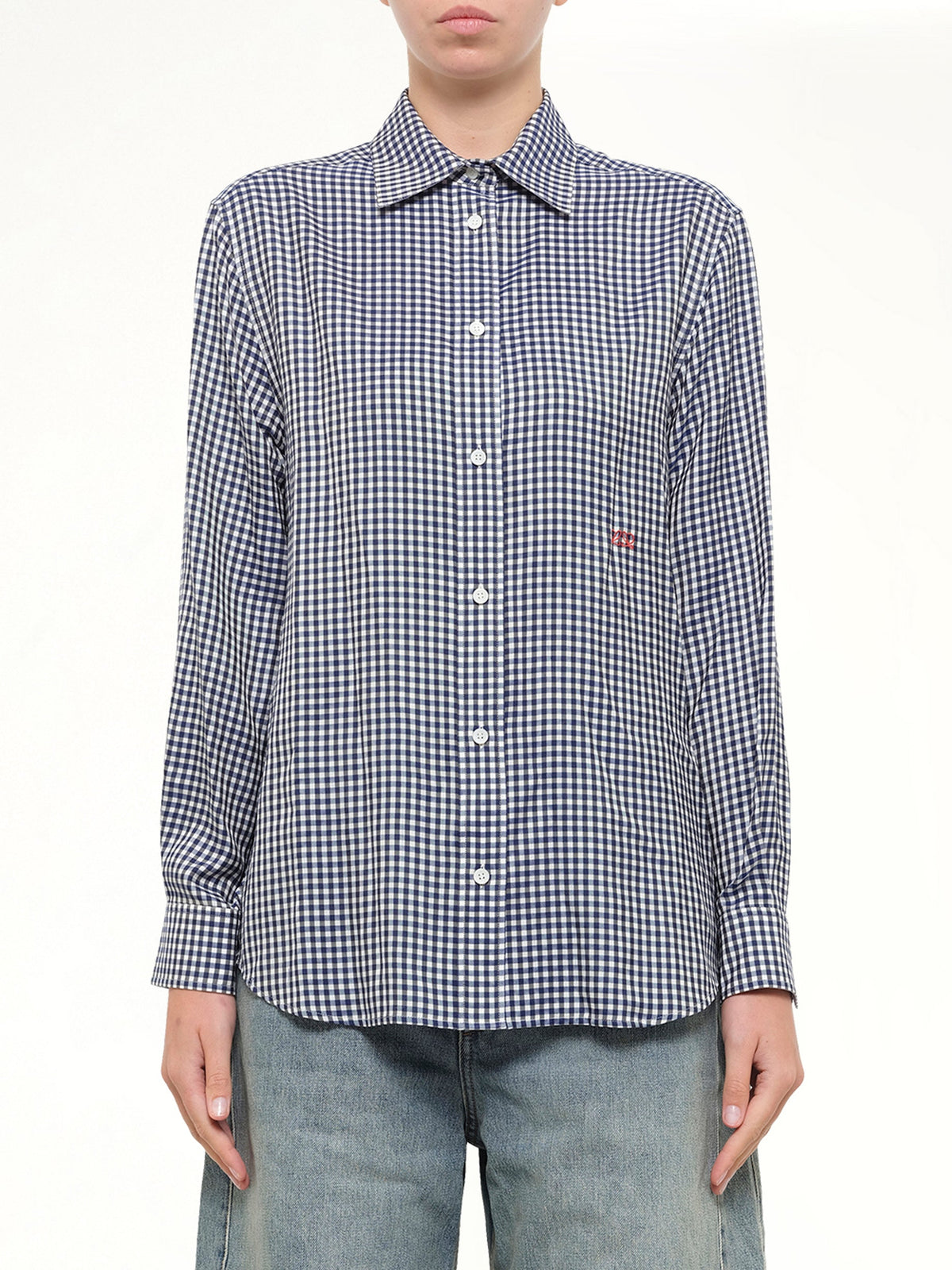 Silk Gingham Check Shirt in Blue/White
