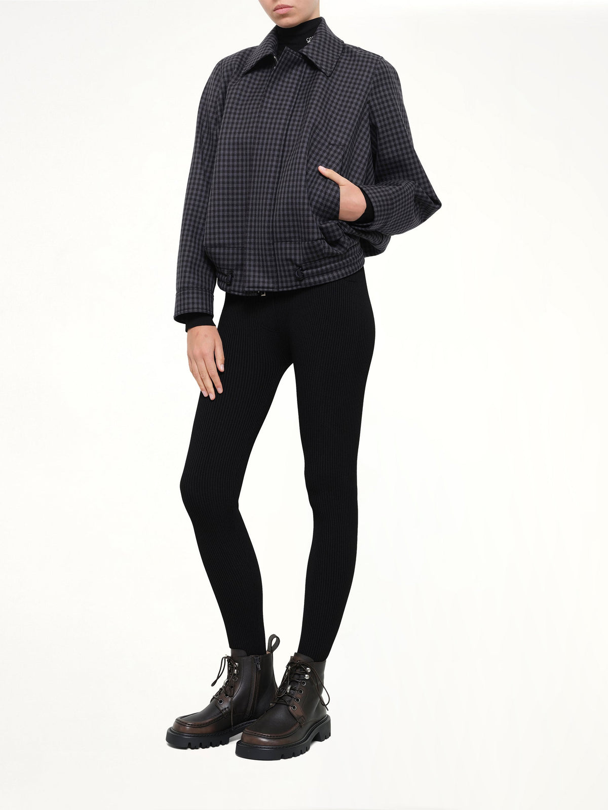 Wool Check Drawstring Jacket in Blue/Black