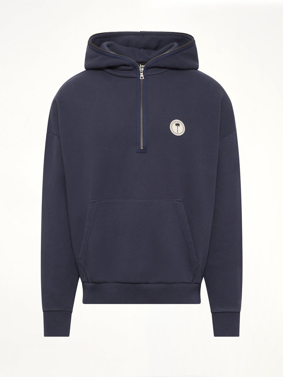 Palm Deco Loose Hoodie in Navy Blue/Off White