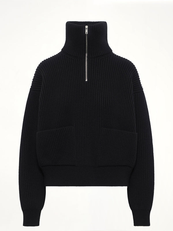 Wool Cashmere Rib Trucker Jumper in Black