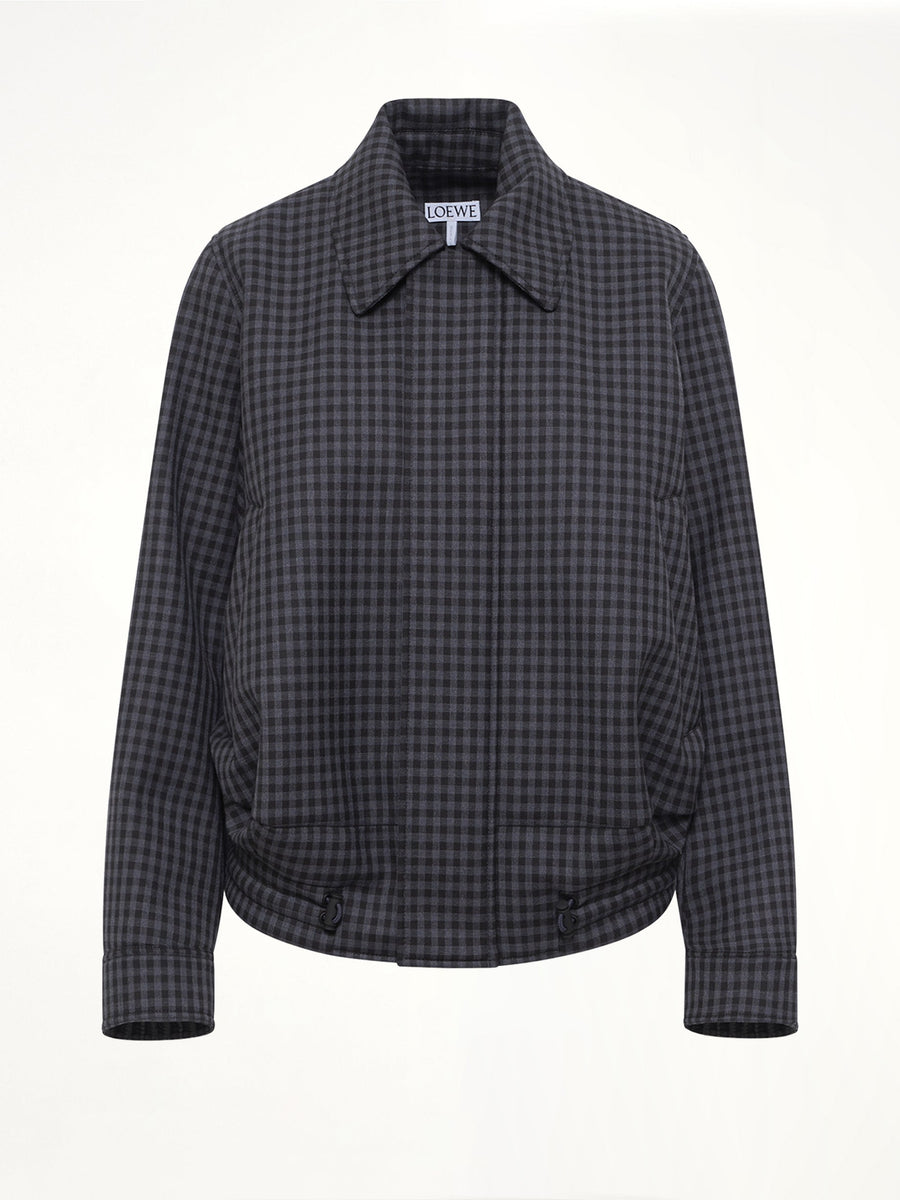 Wool Check Drawstring Jacket in Blue/Black