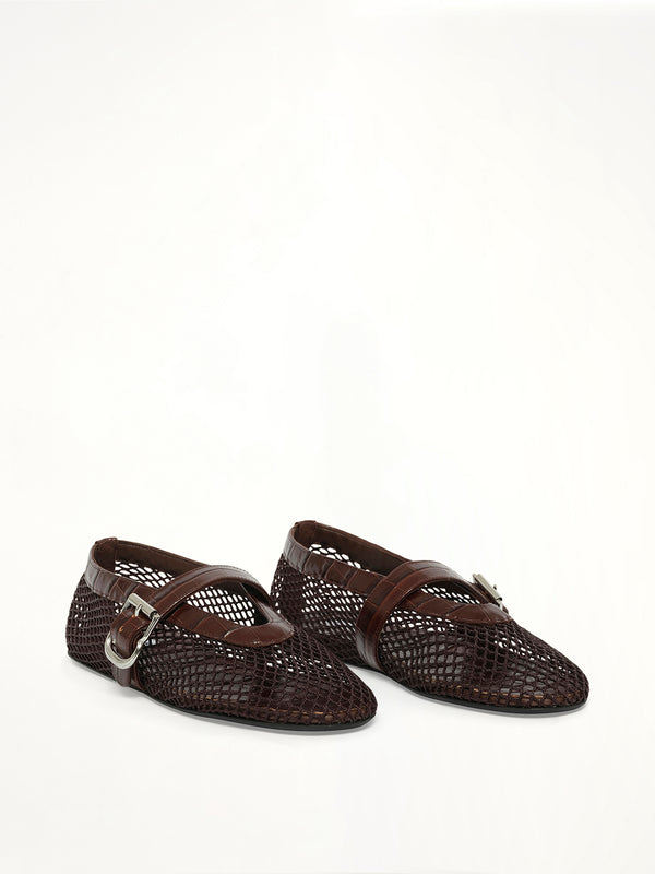 Ballet Fishnet & Croc Flats in Marron Fonce