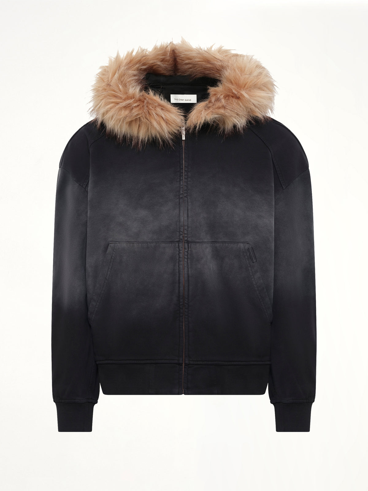 Washed Faux Fur-Trim Zip-up Hoodie in Grey