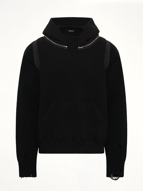 Wool Deconstructed Hoodie in Black