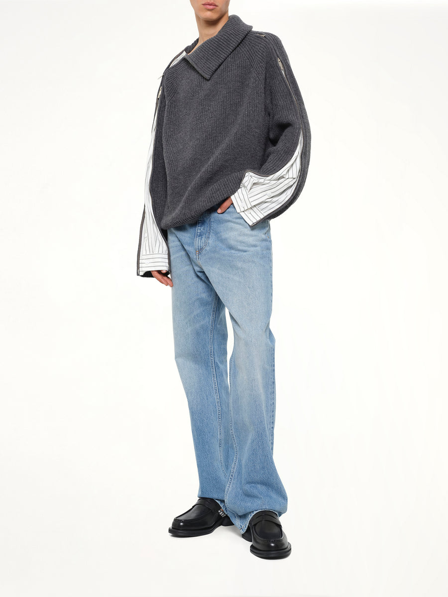 Deconstructed Shirt Fabric Sweater with Patchwork in Grey