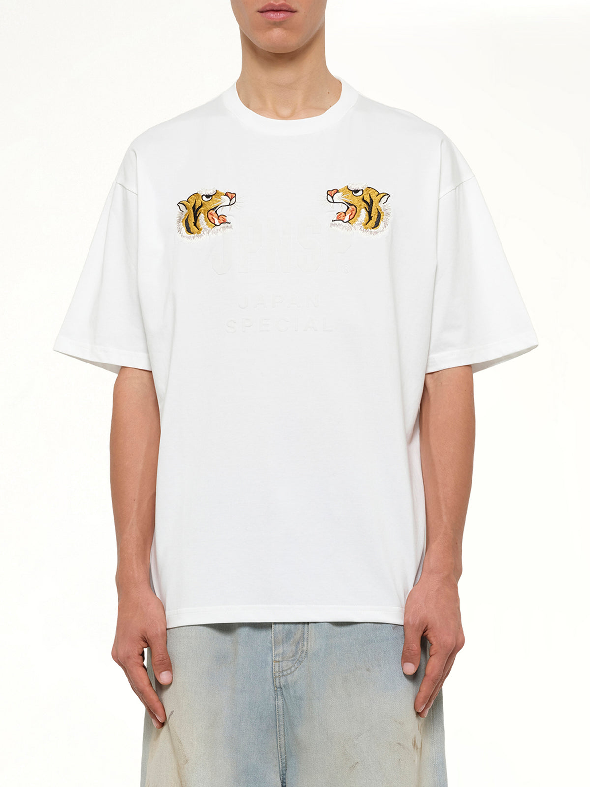 Front Side Embroidery Tiger T-Shirt in Off White