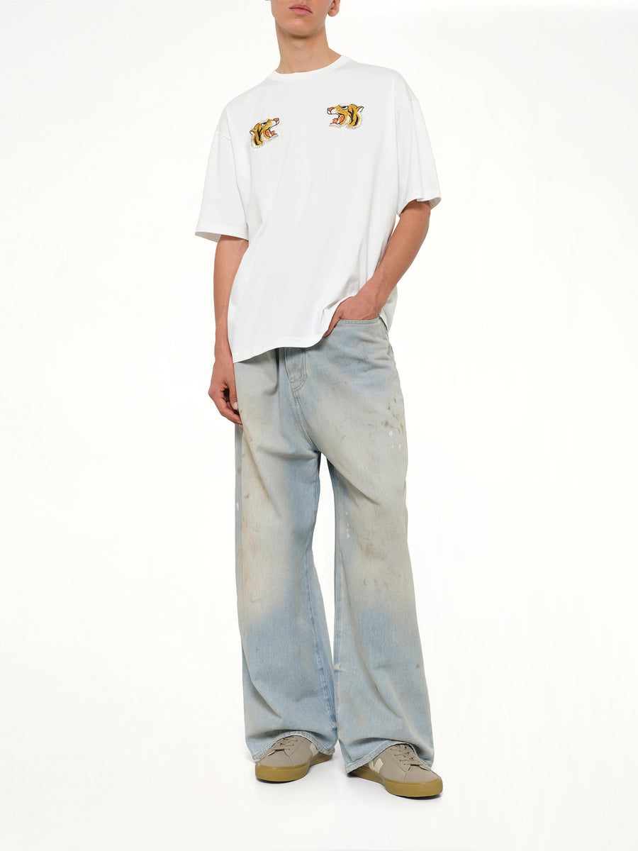 Front Side Embroidery Tiger T-Shirt in Off White