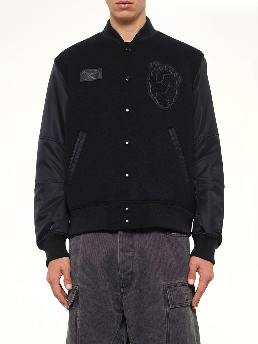 Heart Embroidery Varsity Jacket in Black