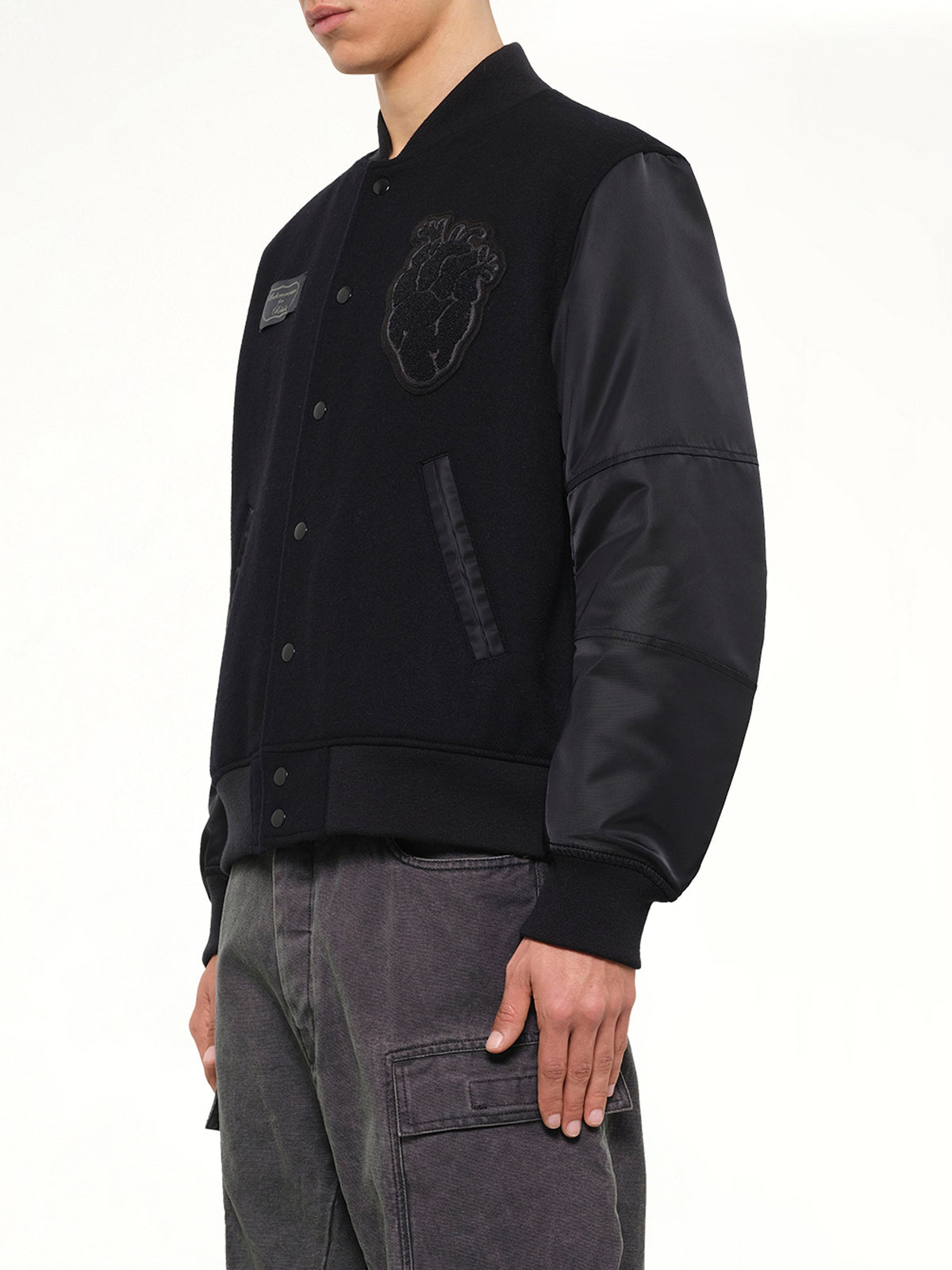 Heart Embroidery Varsity Jacket in Black