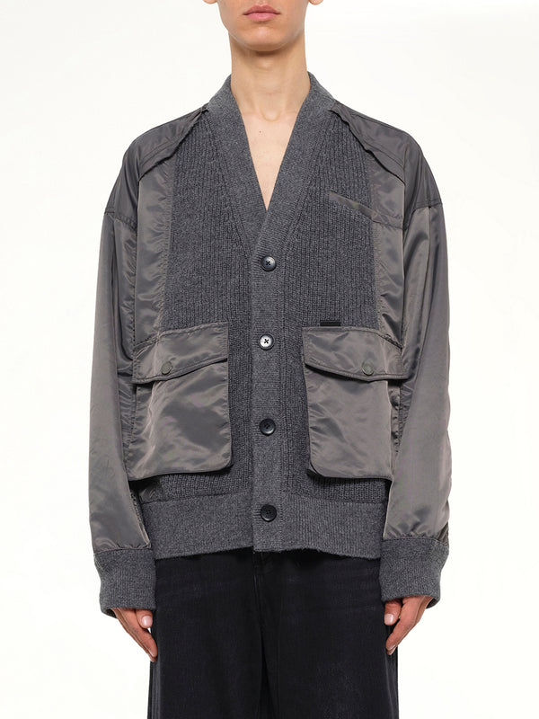 Patchwork Nylon Utility Cardigan in Dark Grey