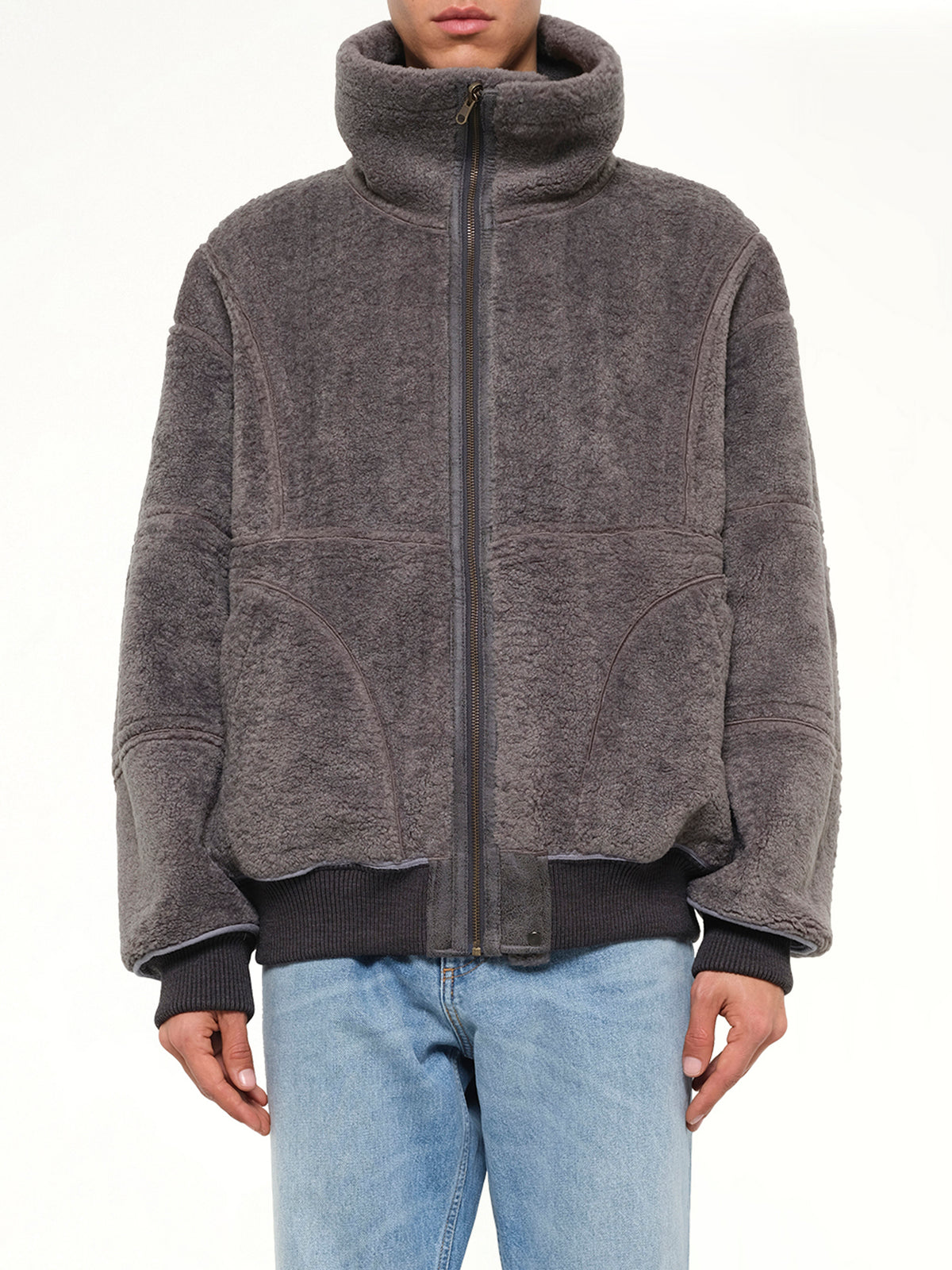 Reversible Faux Shearling Stand-Collar Jacket in Dark Grey