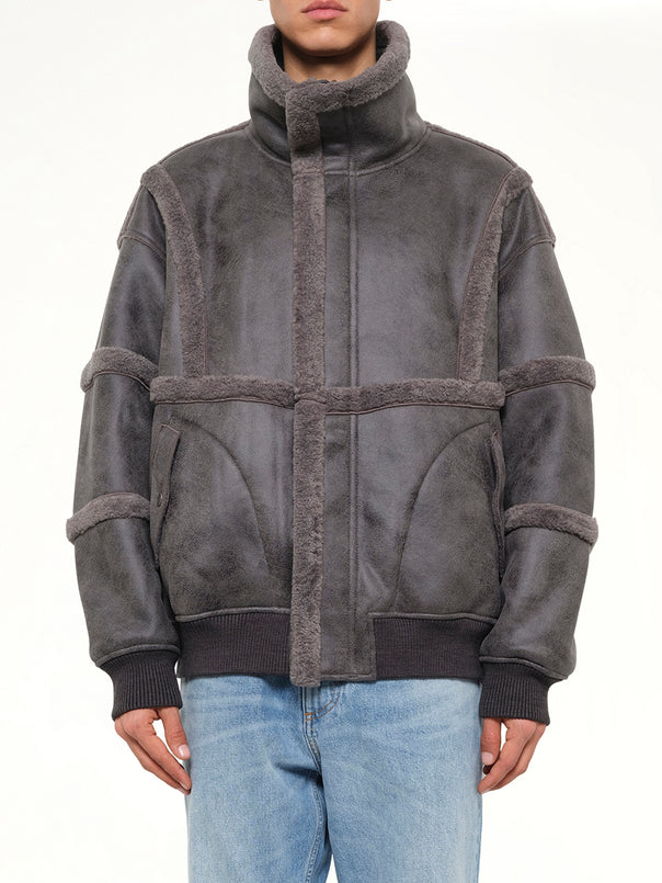 Reversible Faux Shearling Stand-Collar Jacket in Dark Grey