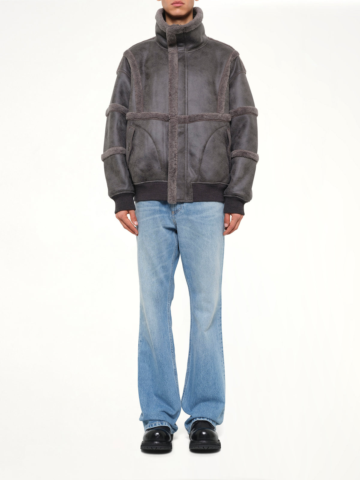 Reversible Faux Shearling Stand-Collar Jacket in Dark Grey
