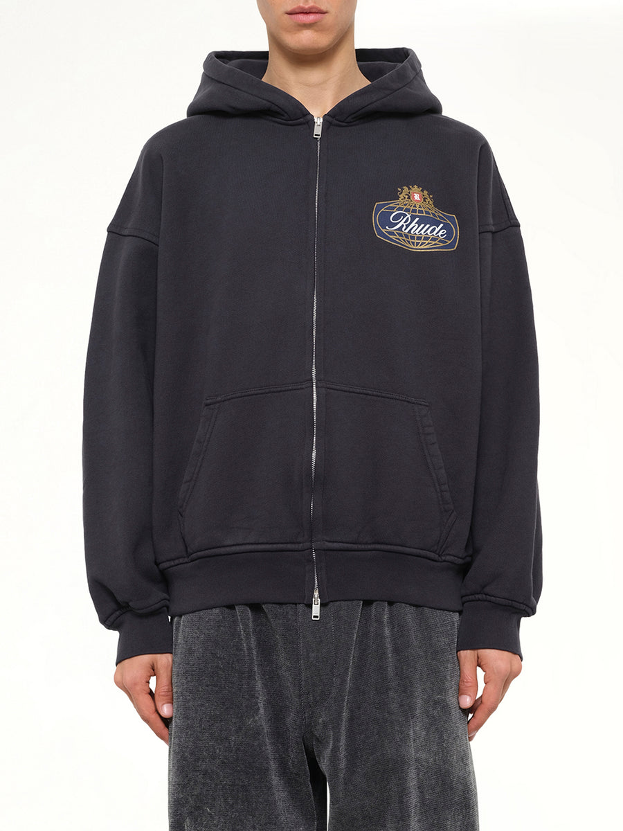 Rhude Safari Crest Zip Up Hoodie in Vintage Black